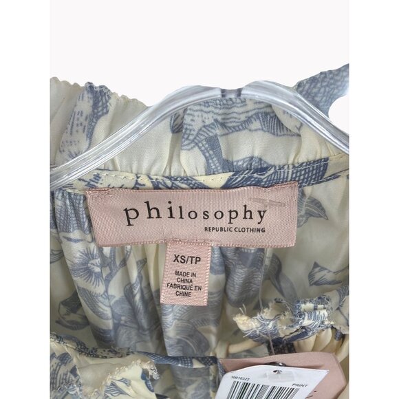 Philosophy Republic Clothing Size XS Floral Ruffle Sleeve Blouse Ivory Blue New - Picture 2 of 8